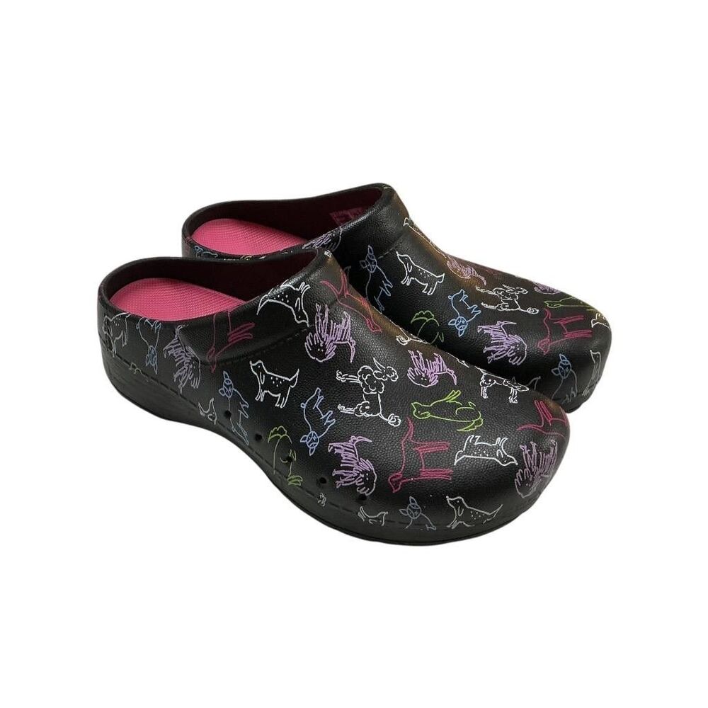 Dansko Kane Clogs Womens 9/40 Black Multicolor Dog Print EVA Slip On Shoes